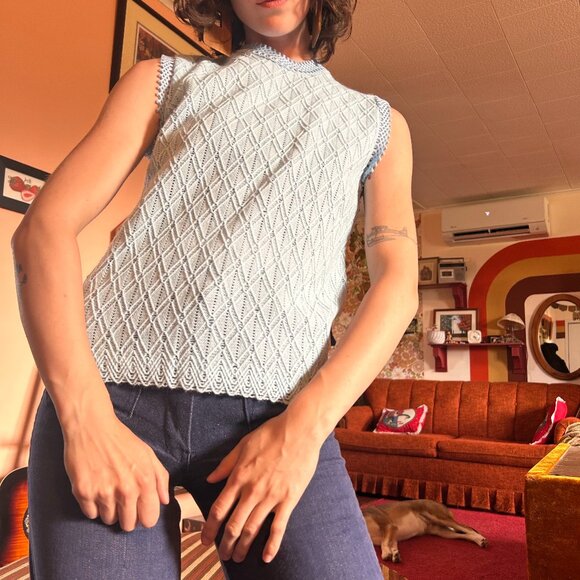 1960s MOD vintage baby blue textured mockneck sleeveless blouse tunic - Made in - Picture 1 of 15